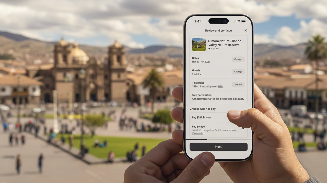 Persona revisando una reserva de Airbnb en laptop con opción de pago flexible en Perú