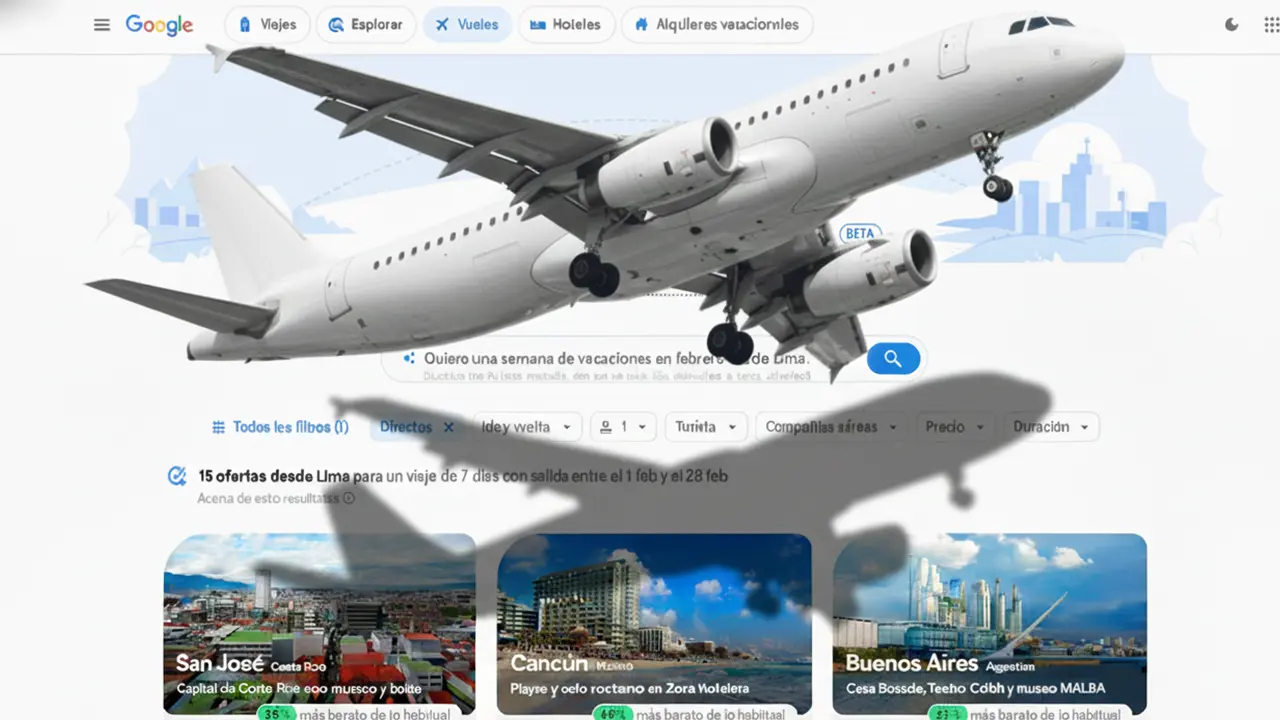 La nueva herramienta de IA de Google mostrando opciones de vuelos económicos en una pantalla