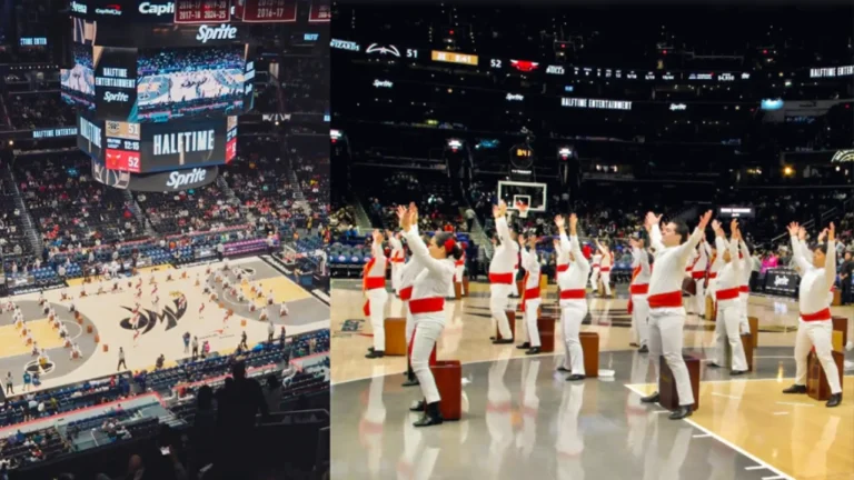 Peruvian artists perform traditional music and dances during an NBA game in the United States.