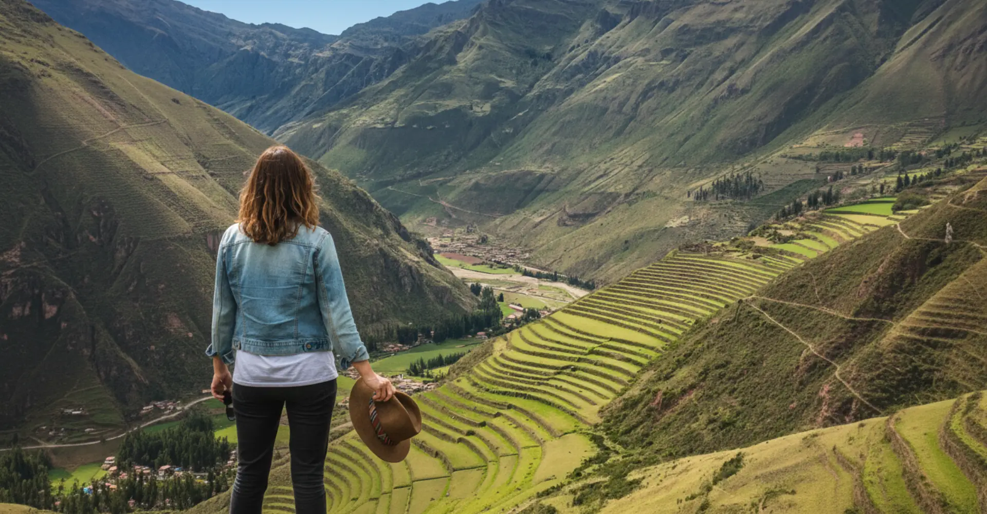 View of the Sacred Valley of the Incas by a tourist from the highest point