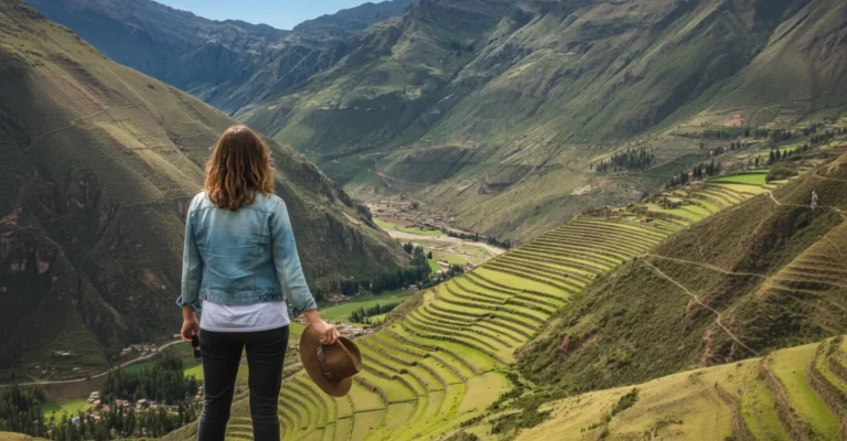 Turista extranjera observando una parte del Valle Sagrado de los Incas